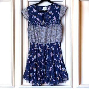 MISA Los Angeles Floral Tiered Mini Dress Blue Purple Ruffle Boho Size L